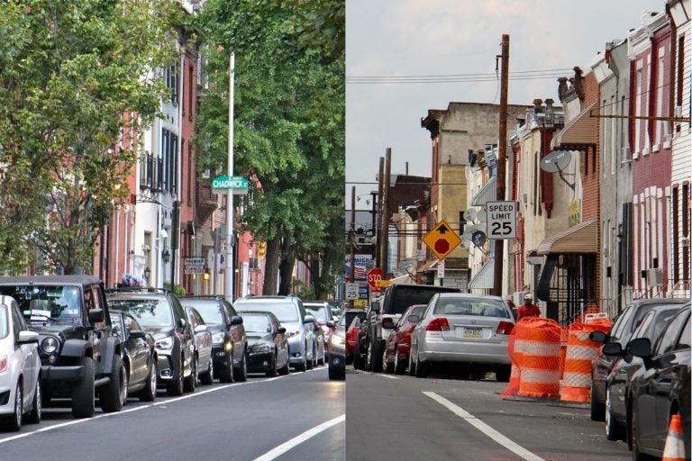 Leafy Pine Street in Center City is contrasted with treeless North 5th Street in Hunting Park.