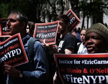 Protesters gathered outside of Police Headquarters in Manhattan in May to protest during the police disciplinary hearing for Officer Daniel Pantaleo, who was accused of using a chokehold that led to Eric Garner's death in 2014.