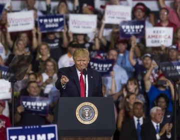 President Trump gestures to the crowd during a Keep America Great rally in Greenville, N.C. on Wednesday