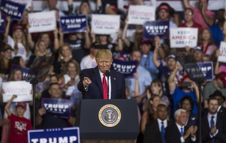 President Trump gestures to the crowd during a Keep America Great rally in Greenville, N.C. on Wednesday