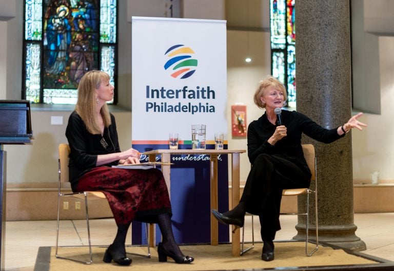 Krista Tippett and WHYY’s Jennifer Lynn engage with the crowd during the 2019 Dare to Understand Awards hosted at the Philadelphia Episcopal Cathedral. 
Riley Jackson/Interfaith Philadelphia