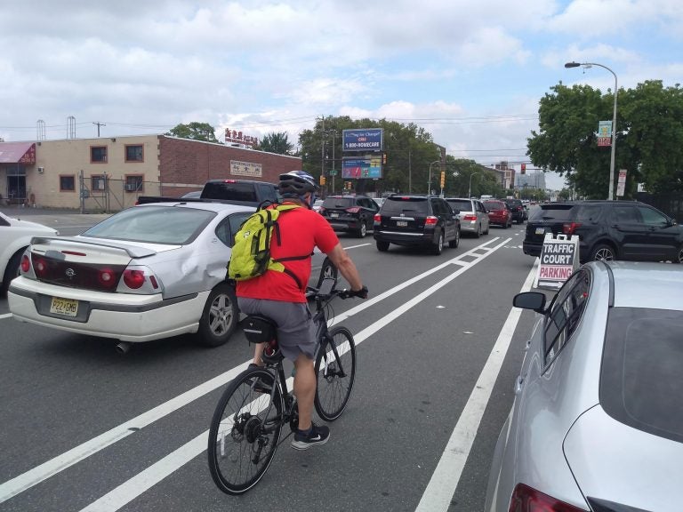 A bicyclist is shown from behind biking in a bike lane as cars go by them.