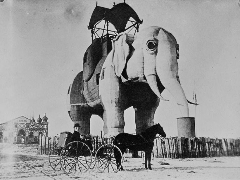 Lucy The Elephant in 1895 stands at Atlantic Avenue and  Decatur Street, Margate City, N.J. (Library of Congress)