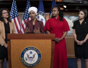 From left, U.S. Reps. Rashida Tlaib, D-Mich., Ilhan Omar, D-Minn., Ayanna Pressley, D-Mass., and Alexandria Ocasio-Cortez, D-N.Y.,at a news conference at the Capitol in Washington, Monday, July 15, 2019. (AP Photo/J. Scott Applewhite)