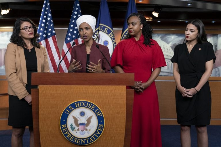 From left, U.S. Reps. Rashida Tlaib, D-Mich., Ilhan Omar, D-Minn., Ayanna Pressley, D-Mass., and Alexandria Ocasio-Cortez, D-N.Y.,at a news conference at the Capitol in Washington, Monday, July 15, 2019. (AP Photo/J. Scott Applewhite)