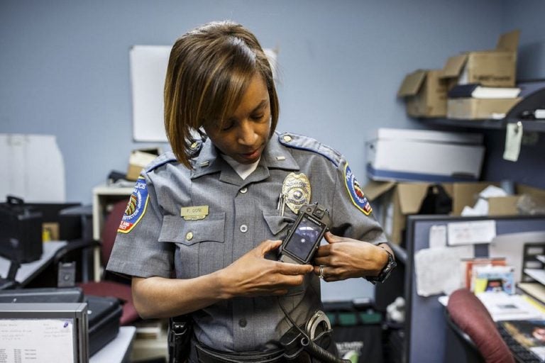 Susquehanna Township police Lt. Francia Done shows a Motorola body camera. May 15, 2019. (Dan Gleiter/PennLive)