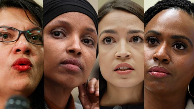 In this combination image (from left) Rep. Rashida Tlaib, D-Mich., July 10, 2019, Washington, Rep. Ilhan Omar, D-Minn., March 12, 2019, in Washington, Rep. Alexandria Ocasio-Cortez, D-NY., July 12, 2019, in Washington, and Rep. Ayanna Pressley, D-Mass., July 10, 2019, in Washington. In tweets Sunday, President Donald Trump portrays the lawmakers as foreign-born troublemakers who should go back to their home countries. In fact, the lawmakers, except one, were born in the U.S. (AP Photo)