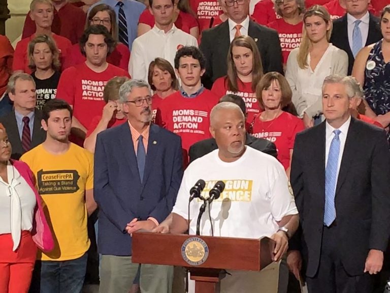 State Sen. Anthony Williams, D-Philadelphia, speaks at a rally to change Pennsylvania’s gun laws at the statehouse in Harrisburg Wednesday, Aug. 7, 2019. (Emily Previti/PA Post) 
