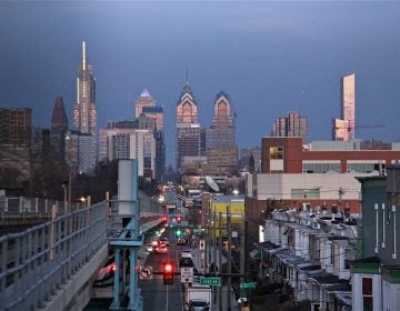 A view of the Philadelphia skyline from the 52nd Street station on the Market-Frankford elevated line in West Philadelphia. (Emma Lee/WHYY)