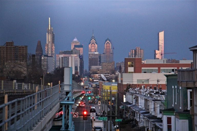 A view of the Philadelphia skyline from the 52nd Street station on the Market-Frankford elevated line in West Philadelphia. (Emma Lee/WHYY)