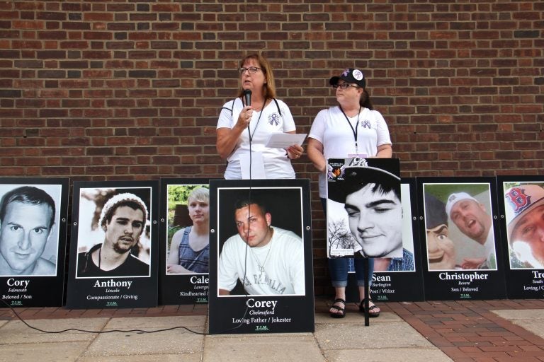 Cheryl Juaire (left) and Tracy Martin of Team Sharing, a national support group for parents of overdose victims, speak at a rally outside the federal courthouse in Philadelphia in support of supervised injection sites. (Emma Lee/WHYY)