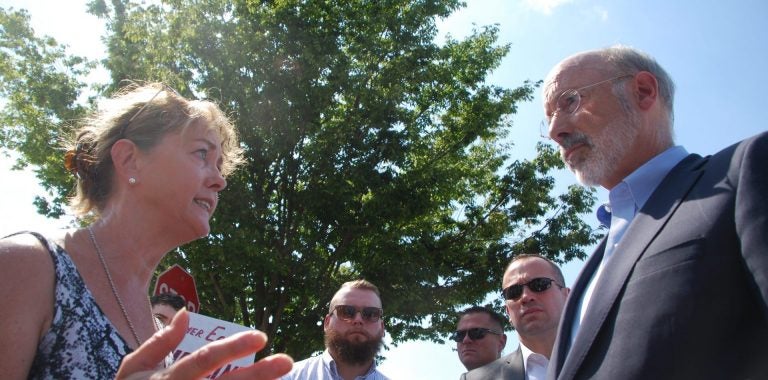 Rosemary Fuller, an anti-pipeline activist, urged Gov. Tom Wolf to halt construction of the Mariner East pipelines. (Jon Hurdle/StateImpact Pennsylvania)