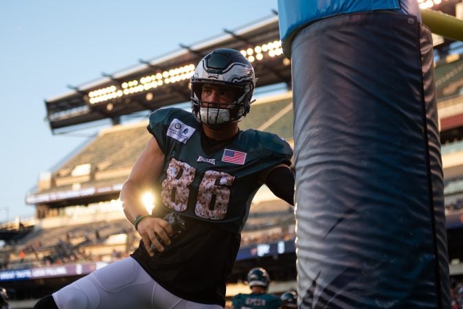 Philadelphia Eagles tight end Zach Ertz warms up on the field before the start of the seaon's only practice open to the public at Lincoln Financial Field on Sunday, August 4, 2019. (Kriston Jae Bethel for WHYY)