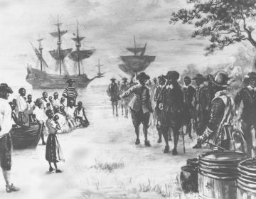 This painting by Sidney King depicts Virginia in 1619 as a Dutch frigate docks at Point Comfort bringing 20 African slaves to be traded to the settlers for food. (AP Photo)