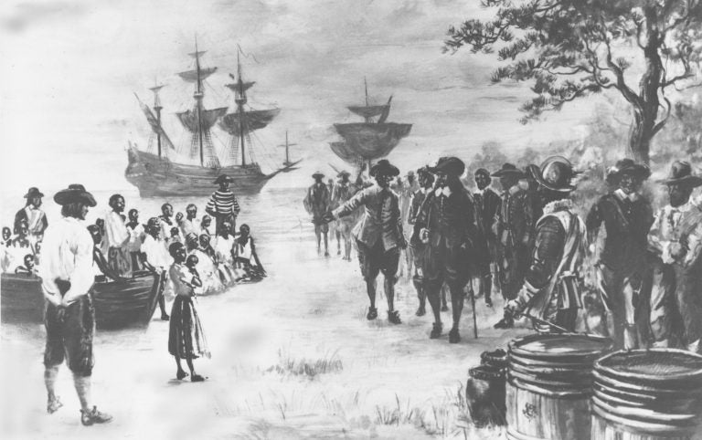 This painting by Sidney King depicts Virginia in 1619 as a Dutch frigate docks at Point Comfort bringing 20 African slaves to be traded to the settlers for food. (AP Photo)