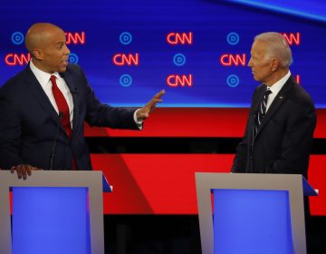 Sen. Cory Booker, D-N.J., gestures to former Vice President Joe Biden during the second of two Democratic presidential primary debates hosted by CNN Wednesday, July 31, 2019, in the Fox Theatre in Detroit. (Paul Sancya/AP Photo)