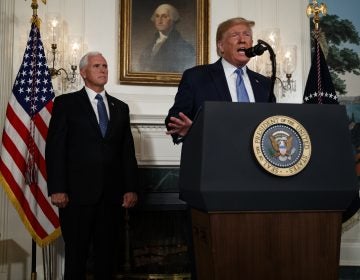 Vice President Mike Pence listens as President Donald Trump speaks about the mass shootings in El Paso, Texas and Dayton, Ohio, in the Diplomatic Reception Room of the White House, Monday, Aug. 5, 2019, in Washington. (Evan Vucci/AP Photo)