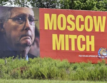 A billboard in Horse Cave, Ky., referring to Senate Majority Leader Mitch McConnell, R-Ky. as Moscow Mitch has been erected on northbound I-65 Tuesday, Aug. 13, 2019. (AP Photo/Timothy D. Easley)