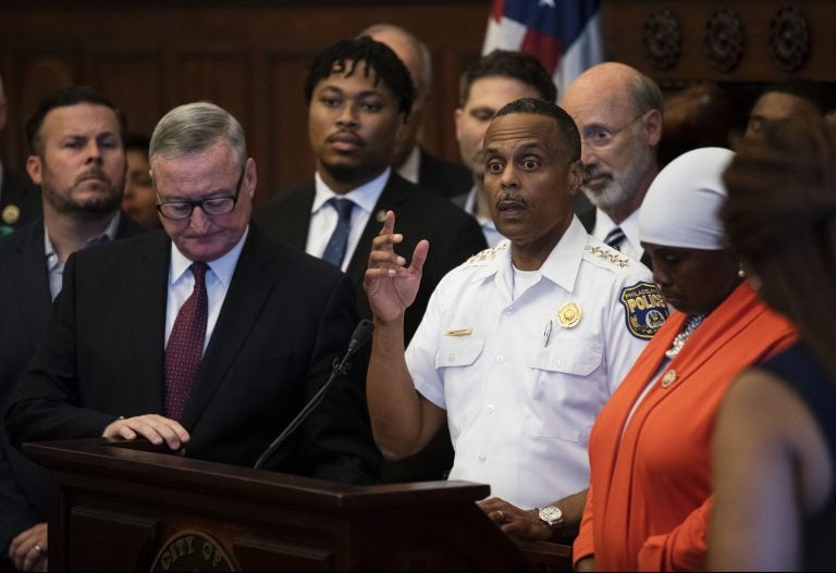 Philadelphia Police Commissioner Richard Ross, center right, speaks during a news conference at City Hall in Philadelphia, Thursday, Aug. 15, 2019. A gunman, identified as Maurice Hill, wounded six police officers before surrendering early Thursday, after a 7 ½-hour standoff.(AP Photo/Matt Rourke)