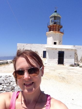 Shauna MacDonald at the Armenistis Lighthouse in Mykonos, Greece during a Study Abroad trip in 2015. (Dr. Susan Mackey-Kallis)