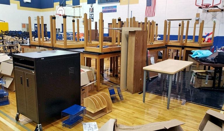 Chairs, desks and other equipment cluttered the gymnasium at Bayard on Aug. 16, four days after school opened. (Courtesy of Sherry Dorsey Walker)