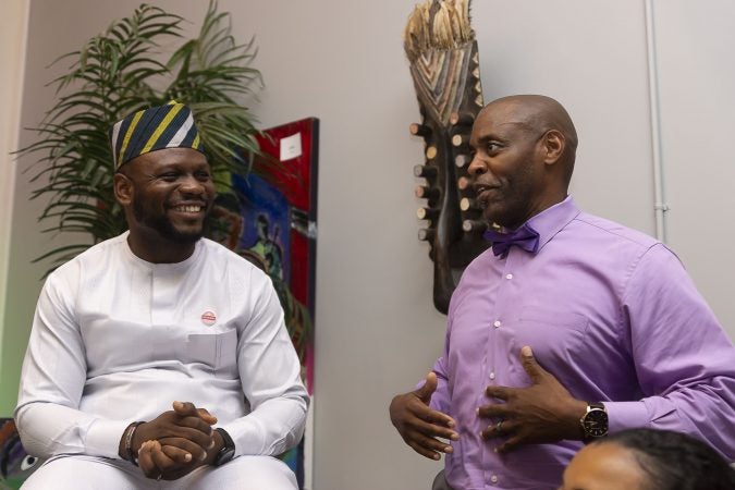 Mandela Washington Fellow, Sunday Gift Unekwuojo Agbonika (left), participates in the panel discussion facilitated by Chester Made Project Director, Ulysses ‘Butch’ Slaughter (right), during the Chester Made and Mandela Washington Fellowship Exchange 2019. (Greg Irvin)
