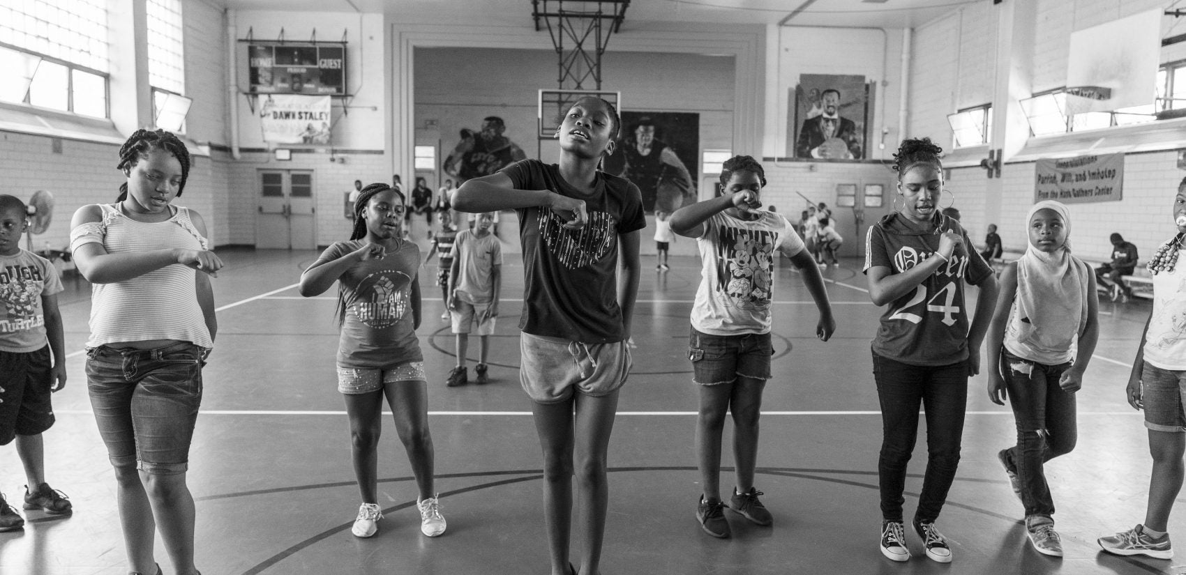 Girls practice a dance routine during day camp at Gathers in July 2018. (Jessica Kourkounis for Keystone Crossroads)