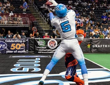 The Philadelphia Soul’s Darius Prince makes a touchdown catch in 2019 season regular game. (Courtesy of The Philadelphia Soul)