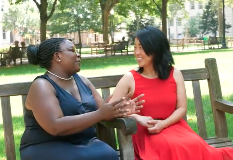 Working Families Party candidate Kendra Brooks, (left), and Philadelphia City Councilwoman Helen Gym, (right), pictured here in an endorsement video posted to Facebook (Kendra for Philly/Facebook)