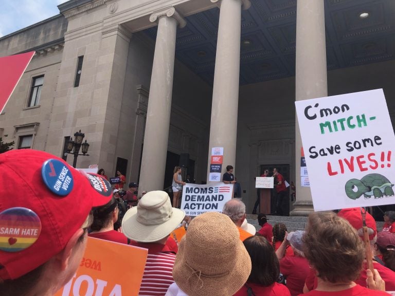 Supporters of New Jersey Moms Demand Action rally at the Trenton War Memorial. (Emily Scott/WHYY)