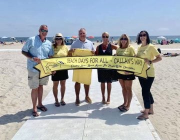 Beach Days for All founders Chris Aldrich (far left) and Jessica Miscio (second from right) stand with supporters Friday at the newly handicapped-accessible Maryland Avenue beach in Point Pleasant Beach. (Courtesy of Beach Days for All)