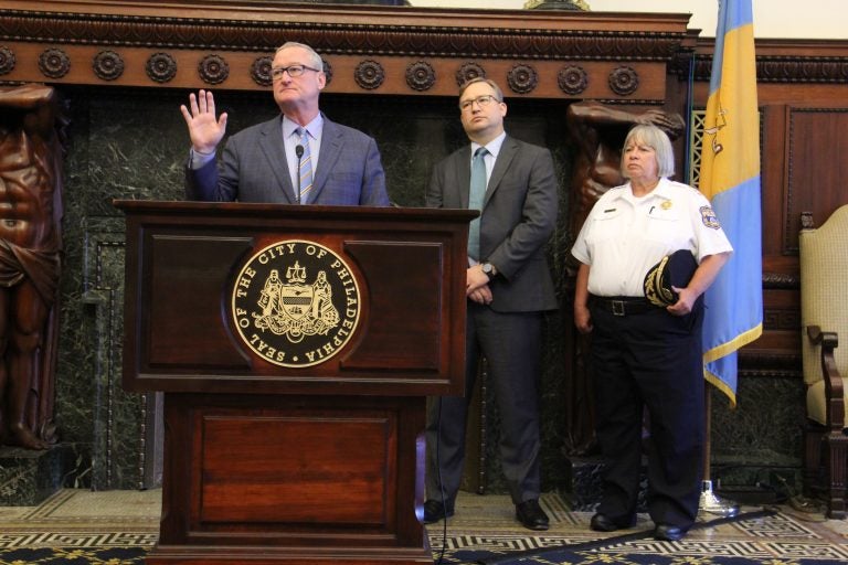 Mayor Jim Kenney speaks at a press conference regarding Philadelphia Police Commissioner Richard Ross' resignation. (Emma Lee/WHYY)