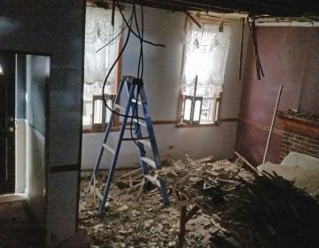 Removing plaster from the ceiling involves yanking it down onto your head, until you are calf-deep in broken plaster. (Peter Crimmins/WHYY)