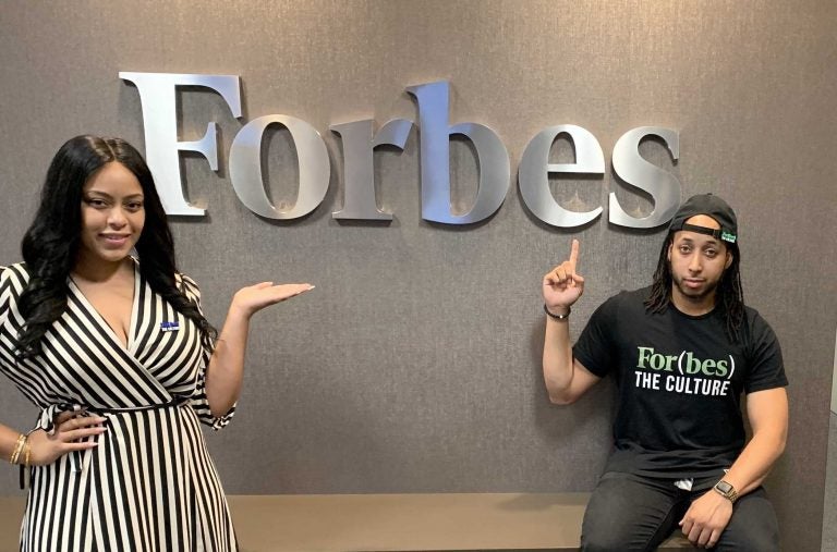 Vinasia Miles, left, co-founder of For(bes) The Culture, and Rashaad Lambert, right, founder, of For(bes) The Culture at the Forbes Jersey City headquarters. (Photo by Ruth Umoh)