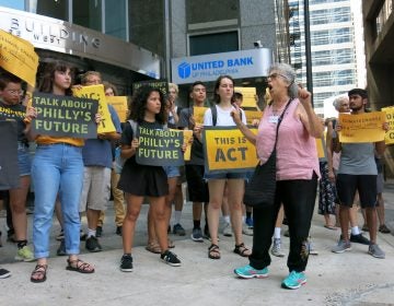 The Sunrise Movement organized protests like this one in July 2019 in Philadelphia to pressure the Democratic National Committee to hold a primary debate focused on climate change. (Jeff Brady/NPR)