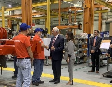 Vice President Mike Pence got a tour of a crane manufacturing facility in Pennsylvania on Thursday morning. (Katie Meyer/WITF)