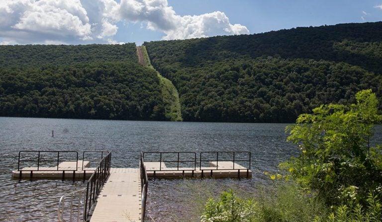 File photo: In the distance, construction of the Mariner East 2 pipeline at Raystown Lake Recreation Area in Huntingdon County, Pennsylvania. (StateImpact Pennsylvania/Lindsay Lazarski)