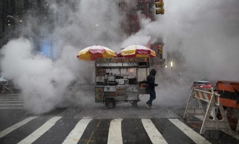 Snow falls on a street food vendor as he makes his way down Broadway with his cart past steam rising in New York, NY. (AP Photo/Mary Altaffer)