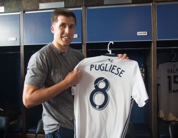 We were presented with customized jerseys upon arrival at the Union fantasy camp. (Emily Cohen for WHYY)