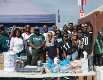 A group of friends from Coatesville have been coming together for 8 years for the Eagles season opener. (Emily Cohen for WHYY)