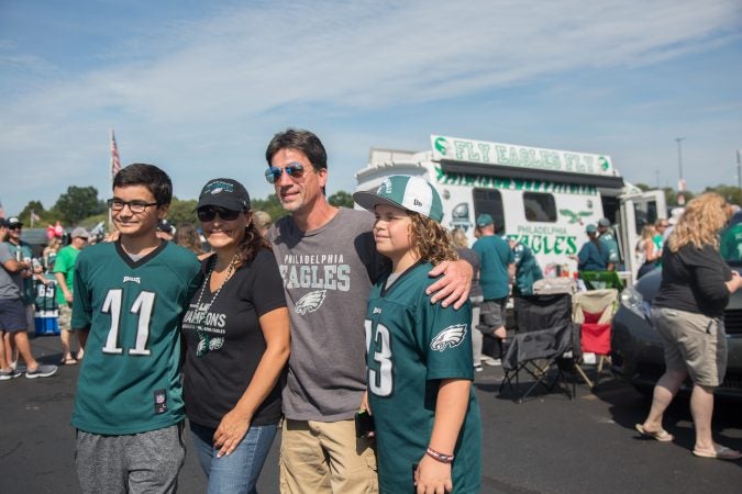 The Dress family came from Coopersville for the Eagles' 2019 season opener. This is the family's first tailgate and game for their sons. (Emily Cohen for WHYY)