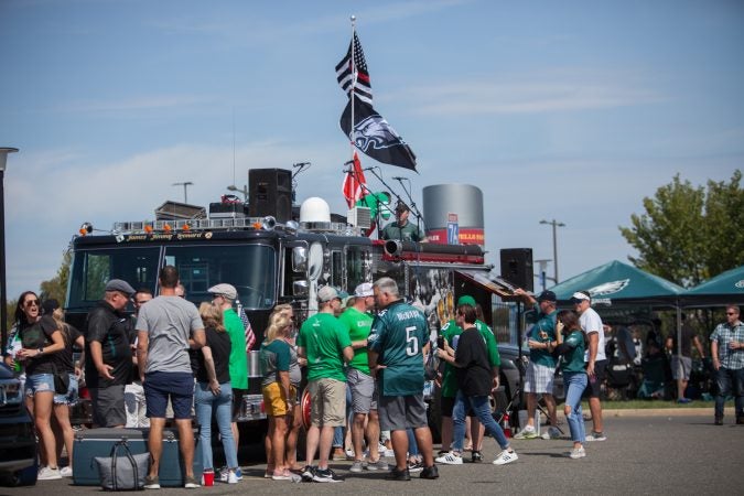 Fire Engine 81 brings the party with a repurposed fire truck at the Eagles' season opener tailgate on Sept. 8, 2019. (Emily Cohen for WHYY)
