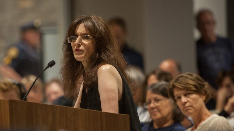 Llanerch community member, Christine Flowers, speaks out against the townships decision to close the Bon Air fire company. (Emily Cohen for WHYY)