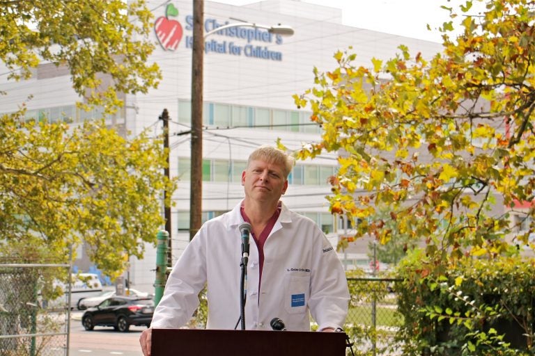 Dr. Grier Arthur, a pediatric surgeon at St. Christopher's Hospital for Children, expresses the conditions the hospital staff would like to see met by a new owner. (Emma Lee/WHYY)