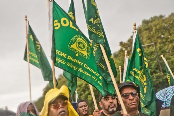 Philadelphia-Eastern Pennsylvania Public Employees, AFSCME D.C.33, marches down Delaware Avenue during the 2019 Labor Day Parade in Philadelphia. (Kimberly Paynter/WHYY)