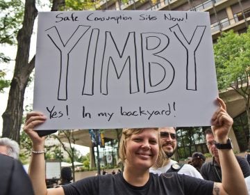 Naomi Wildflower, a resident of Philadelphia’s opioid plagued Kensington neighborhood, joined a rally of safe injection site supporters. (Kimberly Paynter/WHYY)