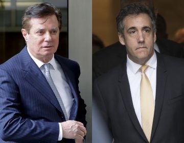 In these 2018 file photos, Paul Manafort leaves federal court in Washington, left and attorney Michael Cohen leaves federal court in New York. (AP Photo/File)