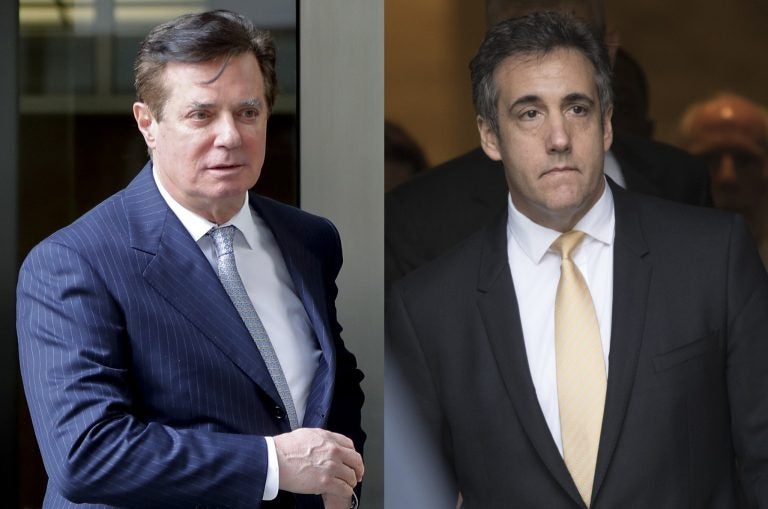 In these 2018 file photos, Paul Manafort leaves federal court in Washington, left and attorney Michael Cohen leaves federal court in New York. (AP Photo/File)