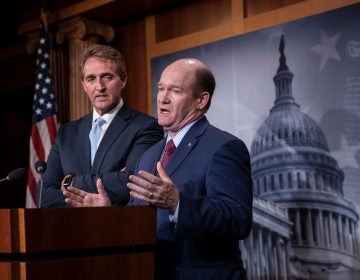 Sen. Jeff Flake, R-Ariz., left, and Sen. Chris Coons, D-Del., speak to reporters about their effort to bring up legislation to protect special counsel Robert Mueller, at the Capitol in Washington, Wednesday, Nov. 14, 2018.  (AP Photo/J. Scott Applewhite)