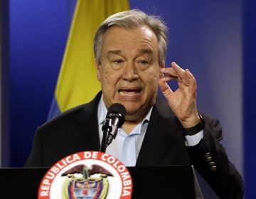 Jan. 13, 2018 file photo, U.N. Secretary-General Antonio Guterres talks to the media during a join declaration with the Colombian president, in Bogota, Colombia. (Fernando Vergara/AP Photo)